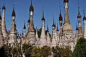 Rows of stupas in the Kakku (Kekku) Pagoda complex. The complex was kept hidden from the rest of the world until 2002 when it was opened to foreigners. Shan State, Burma (Myanmar). 